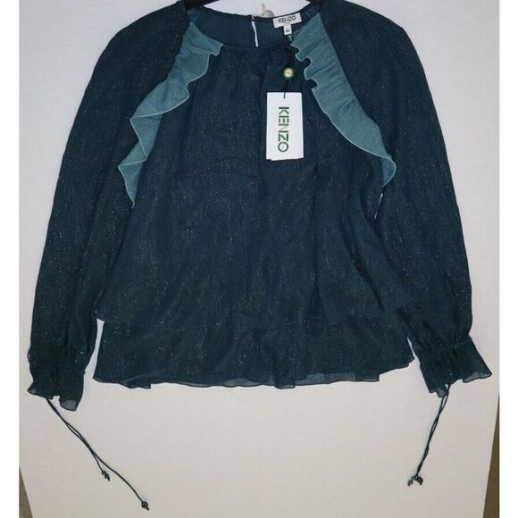 Kenzo 2TO172 5HA 73 Women's Sz 40 Deep Jade Sheer Layered Ruffle Blouse $325+ - Picture 8 of 13